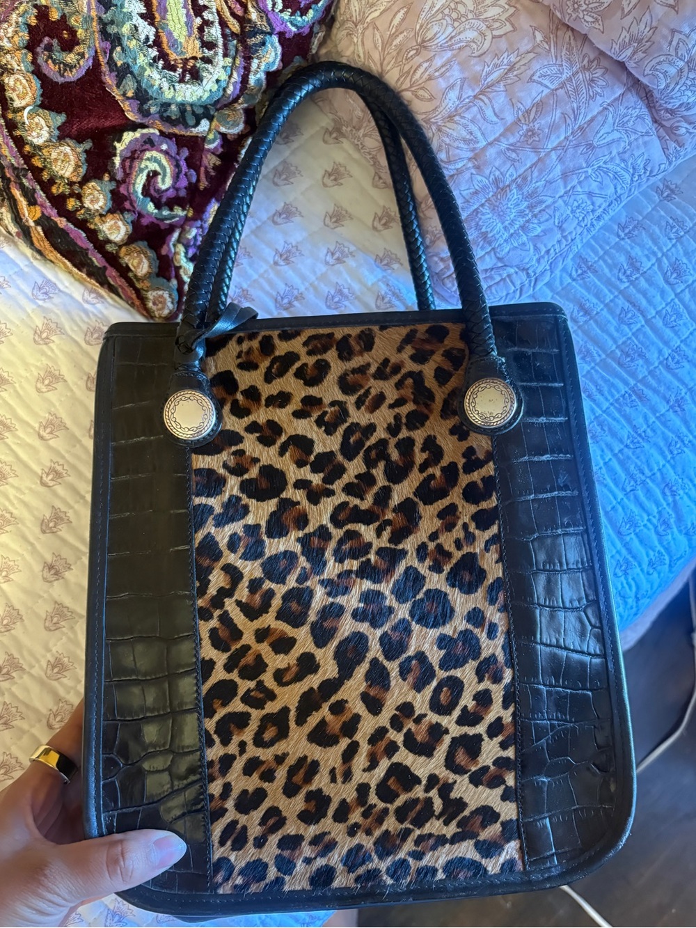 Leopard Print Faux Fur Croc Embossed Handbag Y2K Vintage Style - Picture 3 of 3
